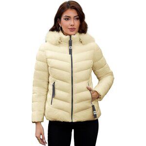 Women's Cream 100% Polyester Shinny Zip-up Winter Warm Quilted Puffer Jacket